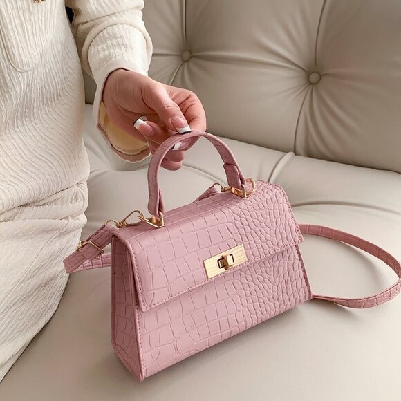 Pink Elegant Women's Mini Crocodile Embossed Twist Lock Flap Square Handbag - Picture 1 of 8